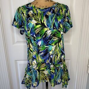 Passport Pier 1 Tropical Palm Leaf Print Ruffle Hem Tunic Top Women Size M EUC